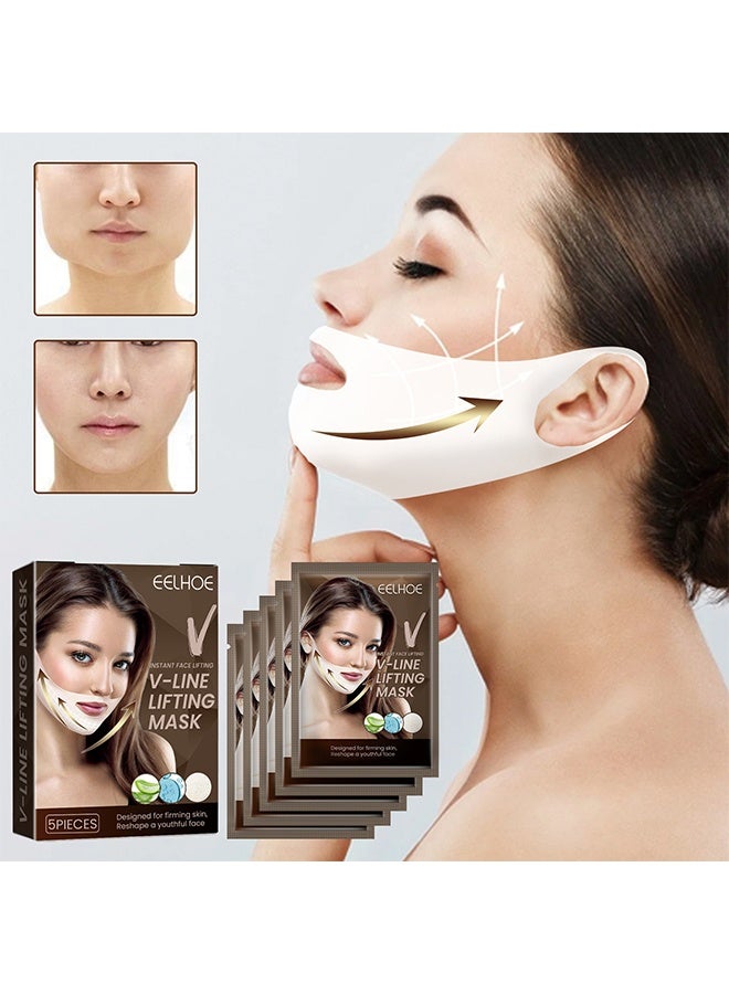 إيلهو قناع رفع خط V، قناع مزدوج لتقليل الذقن، قناع شد الوجه، أقنعة شد وتماسك الوجه، رقعة رفع الذقن، قناع خط V للنساء والرجال لتحديد الوجه والرقبة، مجموعة من 5 قطع - Image 1